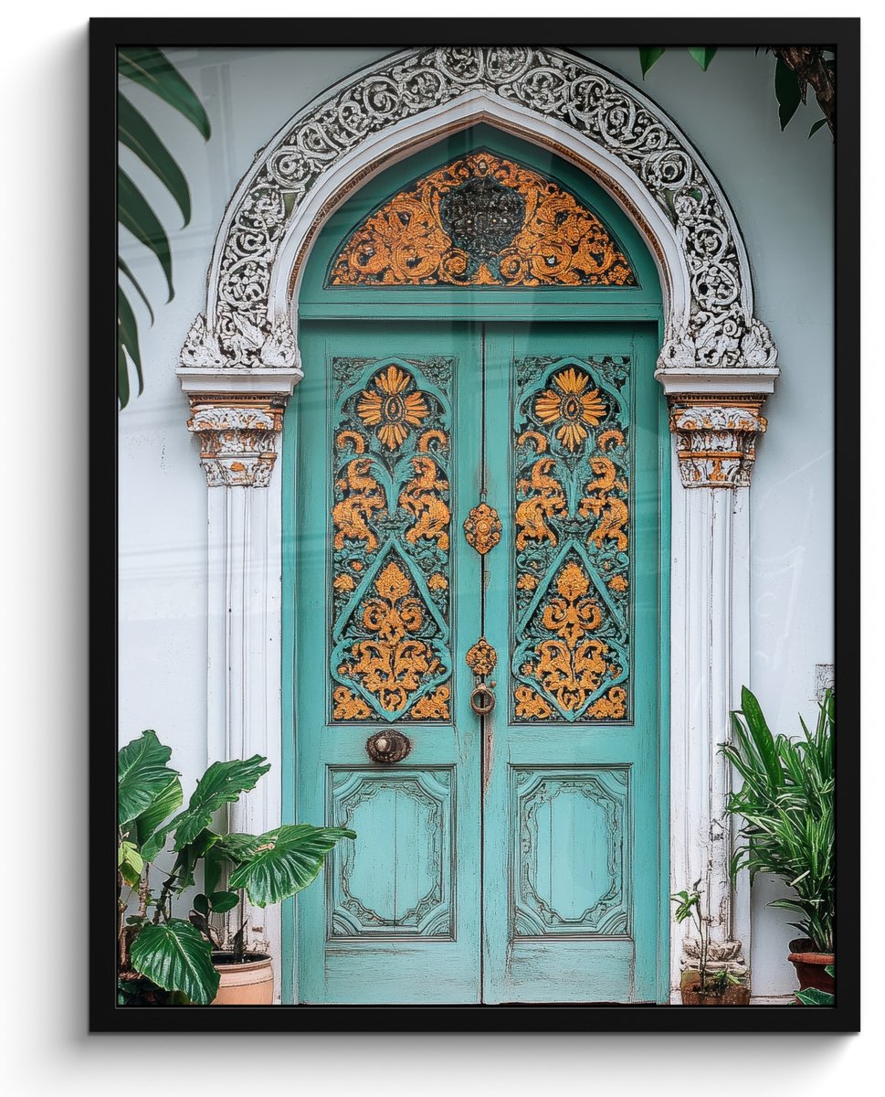 FrameYourWall Poster in lijst - Fotolijst 50x70 cm - Posters - Deur - Patronen - Planten - Posterlijst zwart - Decoratie - Wanddecoratie woonkamer - Muurdecoratie slaapkamer Deur - Tropisch
