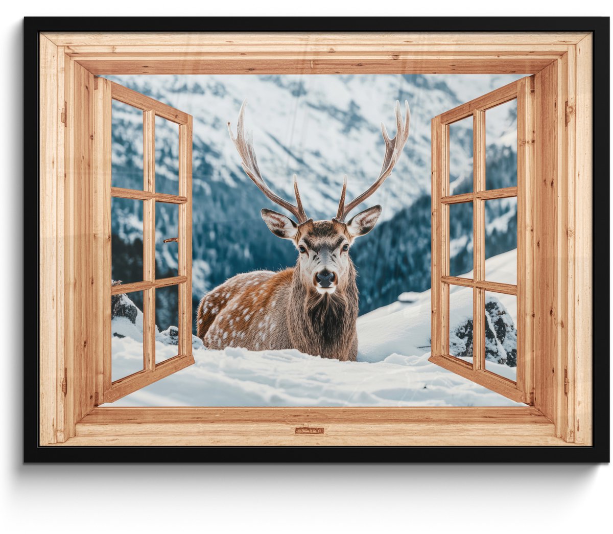 FrameYourWall Poster in lijst - Fotolijst 70x50 cm - Posters - Doorkijk - Hert - Landschap - Winter - Natuur - Dieren - Bergen - Posterlijst zwart - Decoratie - Wanddecoratie woonkamer - Muurdecoratie slaapkamer