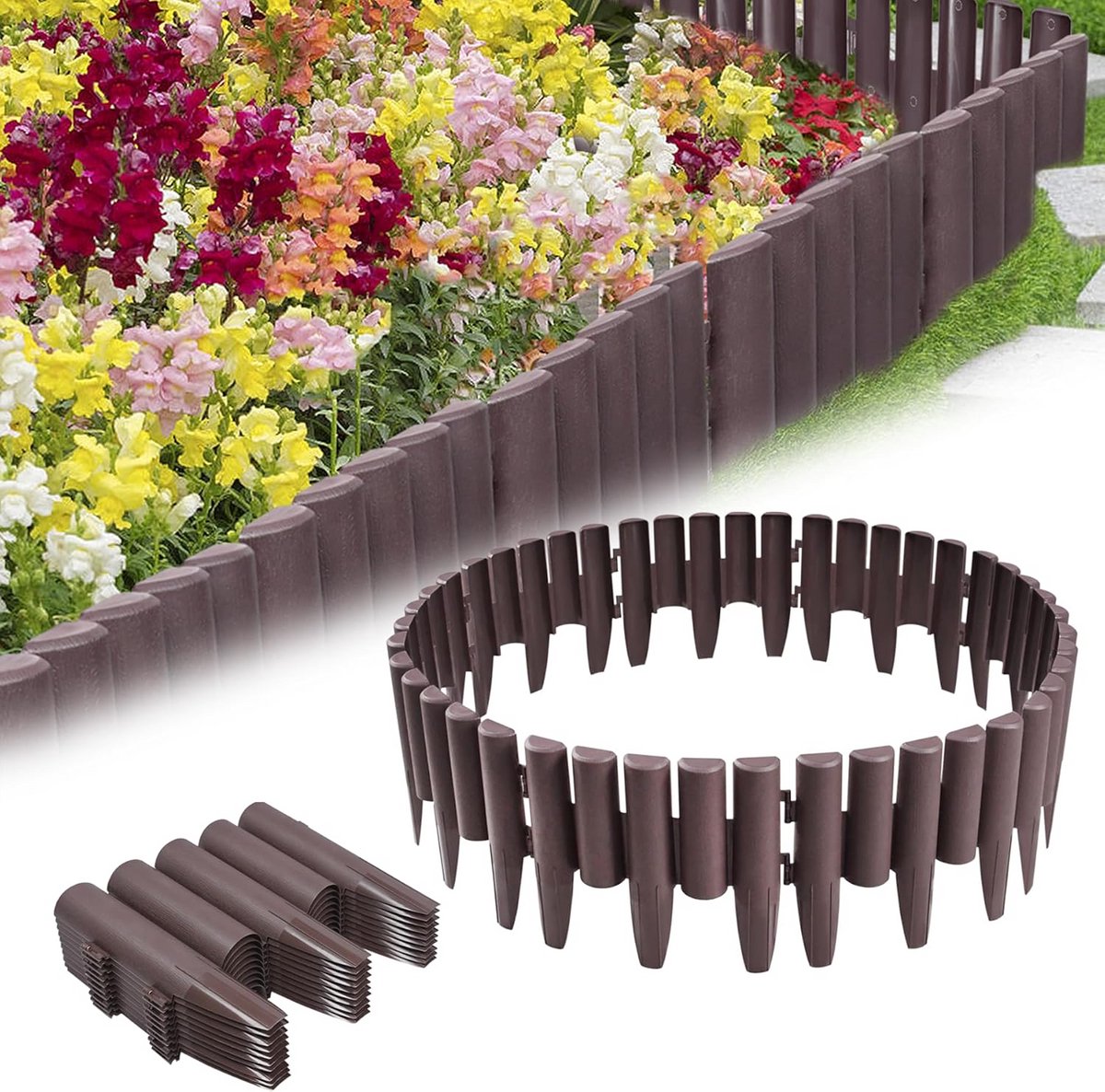Flexibele Kunststof Gazonrand Houtlook - Tuinrand voor Bloembedden en Verhoogde Borders - Duurzaam Bruin