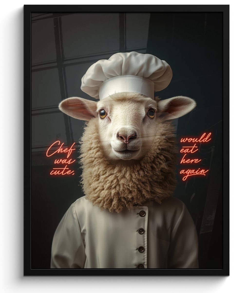 FrameYourWall Poster in lijst - Fotolijst 50x70 cm - Posters - Schaap - Kokskleding - Neon - Quote - Posterlijst zwart - Decoratie - Wanddecoratie woonkamer - Muurdecoratie slaapkamer Multicolor