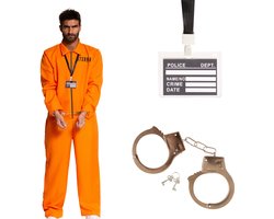 Partyxclusive 3- Delig Oranje Gevangenis Kostuum Heren Jumpsuit/Handboeien/Keycord met Badge Boevenpak Carnaval Themafeest Verkleedkleding Volwassenen - oranje - Polyester - Jumpsuit -L