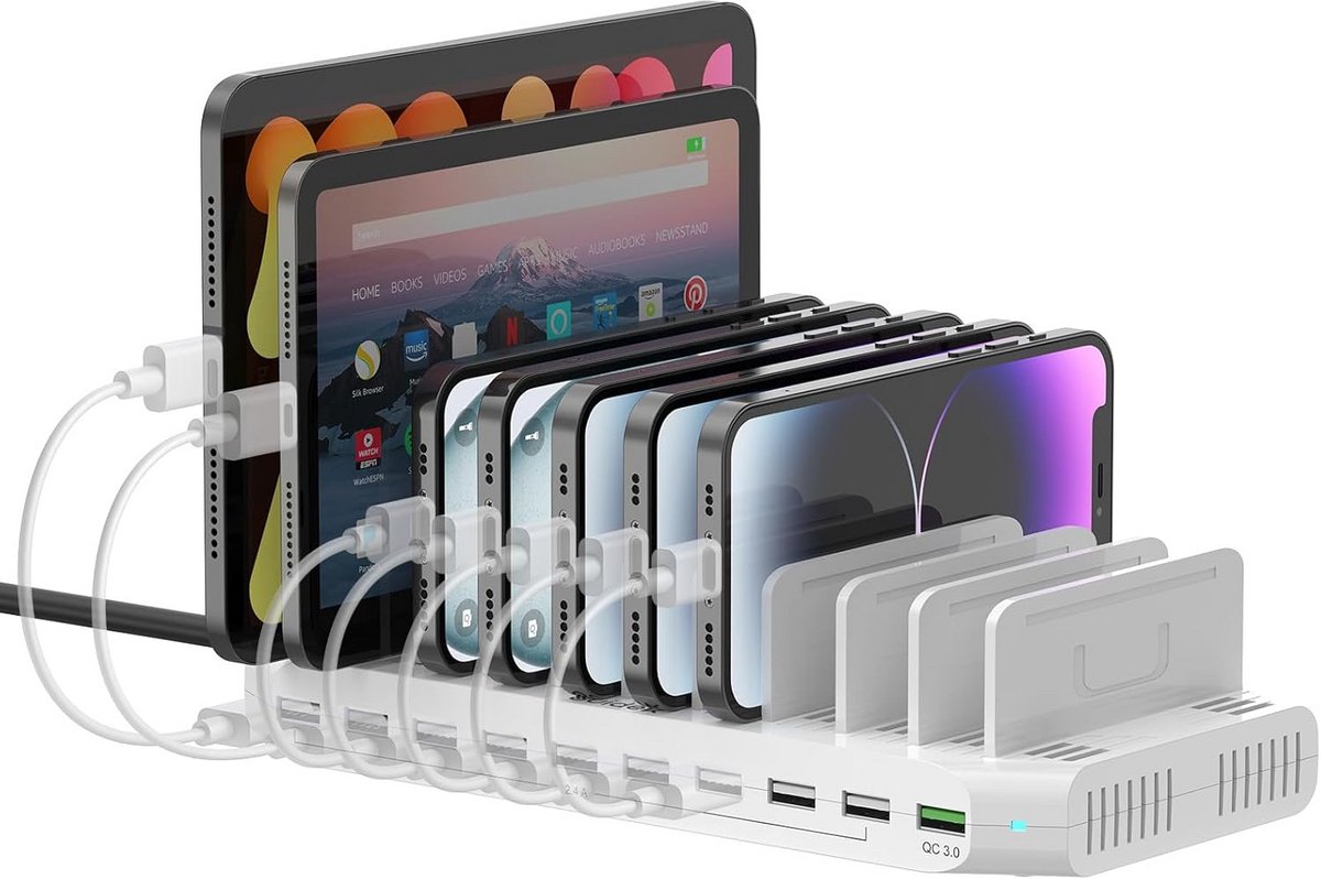 10-poorts USB laadstation 60W met Quick Charge, oplaadstation voor meerdere tablets en smartphones