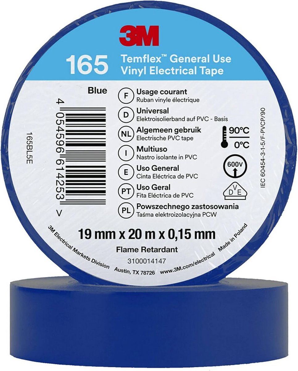 Isolatietape Vinyl Blauw 19mm x 20m Elektrische Installatie