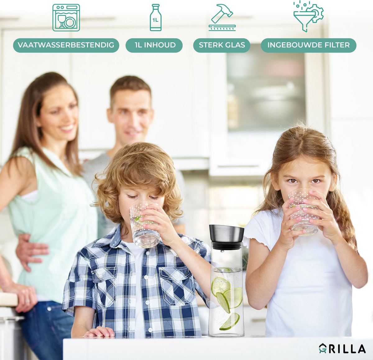 Grilla Karaf – Waterkan met Deksel en Filter – Waterkaraf – Glas – 1000ml — cadeau in Koken & Dineren - foto 3