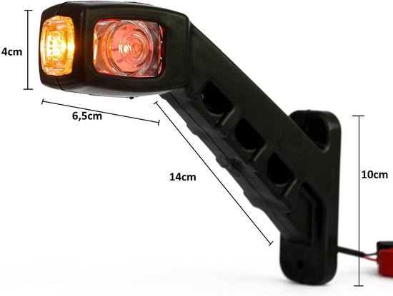 Zwarte contourverlichting met amber en rode LED's, 4cm hoog en 6,5cm breed. Totale lengte 14cm.
