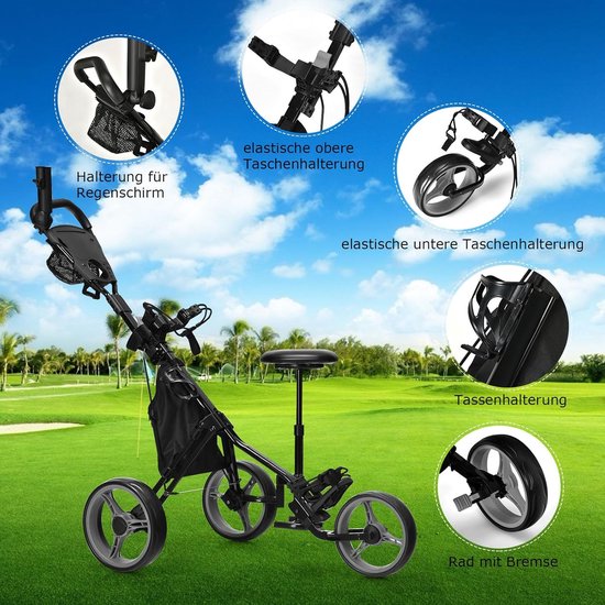 Opvouwbare Golftrolley met 3 Wielen, Zitje en Accessoires van Merkloos — afbeelding 2