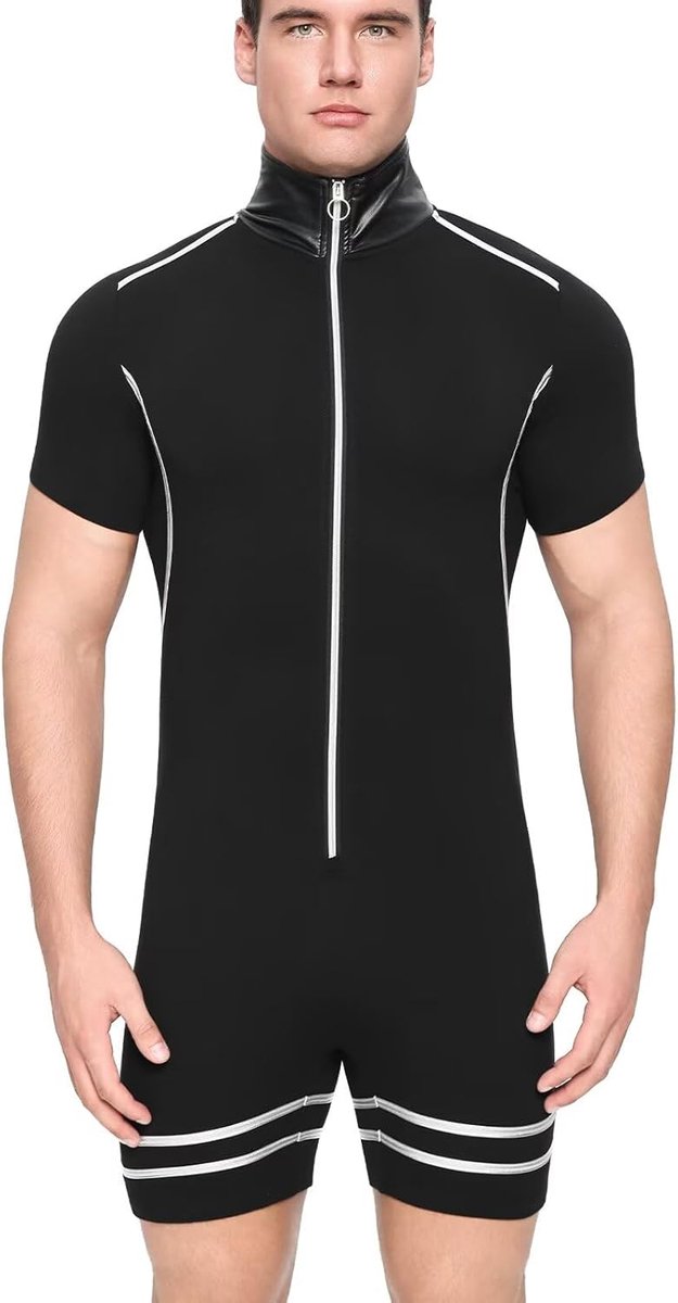 Body voor Heren met PVC Kraag en Contrast Strepen - Stoere Punk Stijl