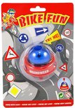 Rode fietsbel met blauwe zwaailichtkoepel, met de tekst BRANDWEER. Verpakt met verkeersborden.