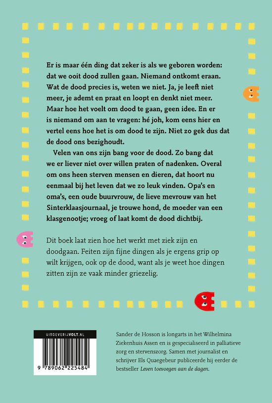 Achterkant van het boek 'Game Over'. Met een gele, gepixelde rand en vrolijke, rode en roze figuurtjes. Tekst in het Nederlands over doodgaan.