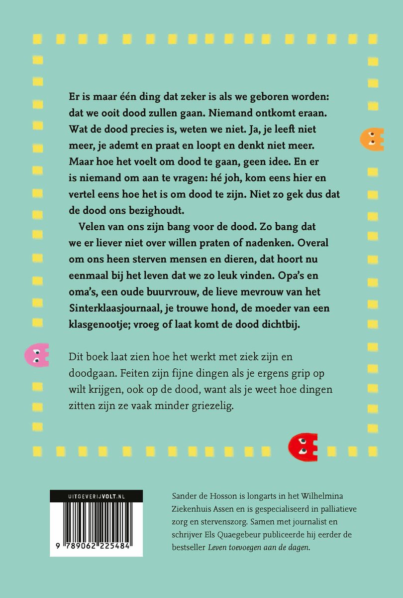Achterkant van het boek 'Game Over'. Met een gele, gepixelde rand en vrolijke, rode en roze figuurtjes. Tekst in het Nederlands over doodgaan.