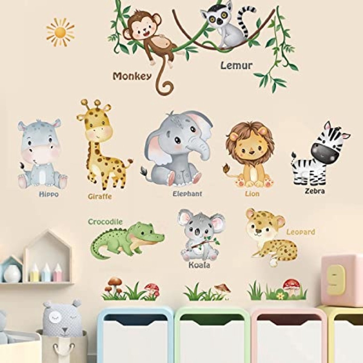 PromoHome Safari Dieren Muurstickers Set - 8 Vellen Kleurrijke Wanddecoratie voor Kinderkamer