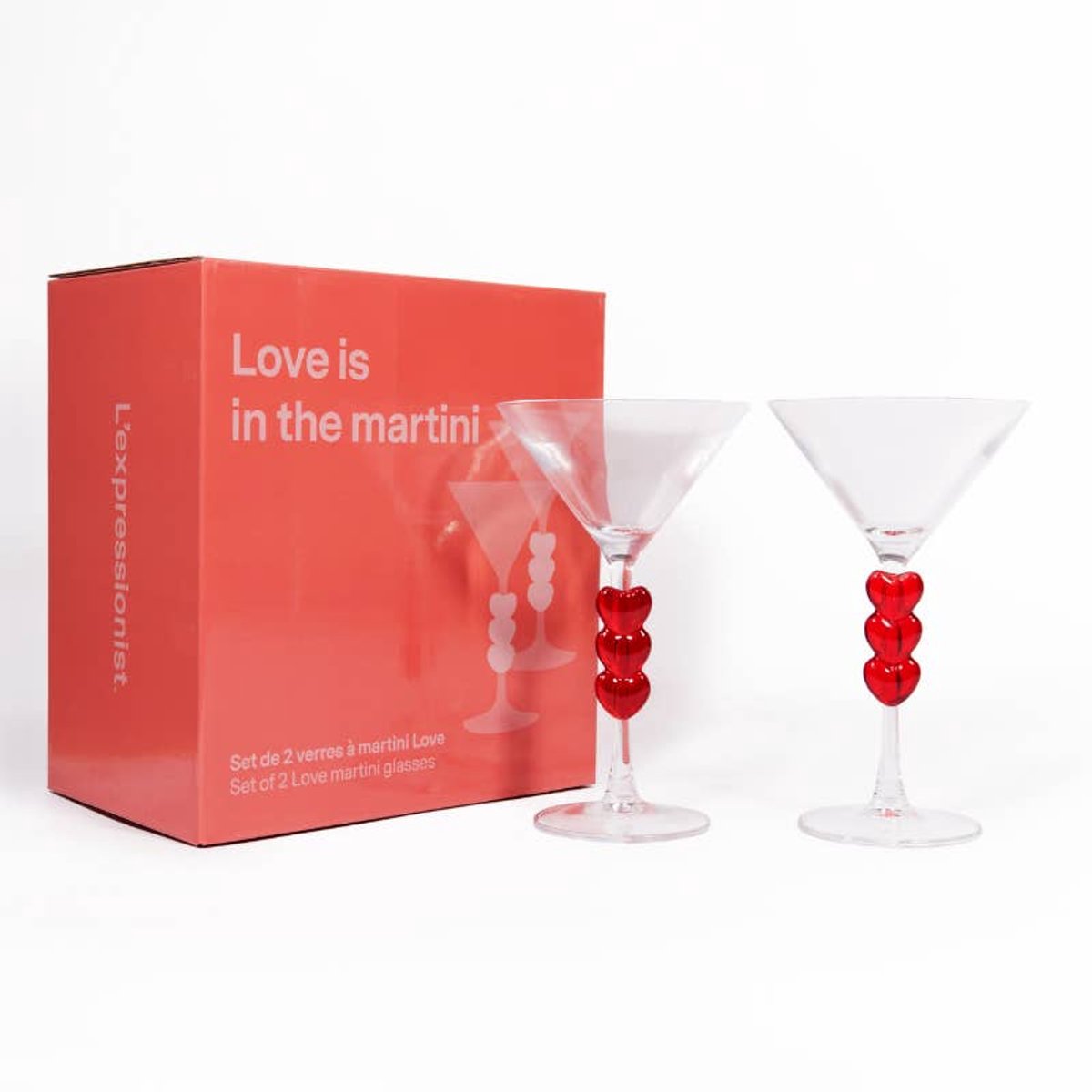 L’expressionist Set van twee hartvormige martiniglazen | Box of two Martini Glasses - love 235 ml