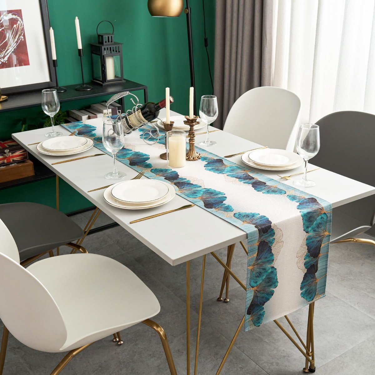 Moderne Tafelloper Groen en Goud met Ginkgo Bladeren - 40x140 cm