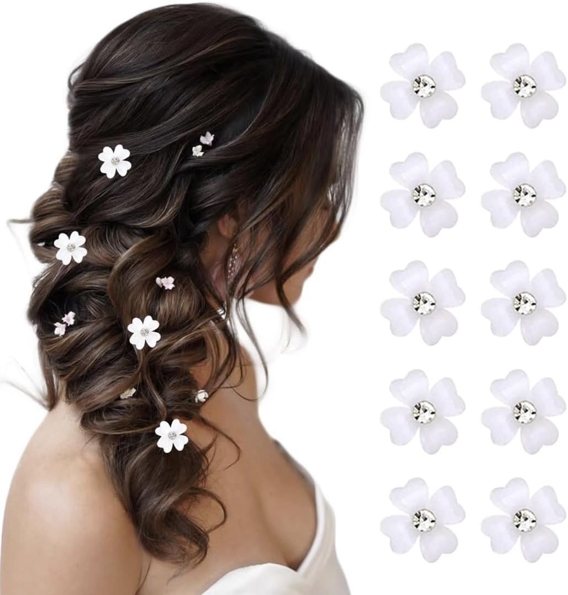 10x Mini Witte Bloem Strass Haarspeldjes - Bruiloft & Feest Haaraccessoires