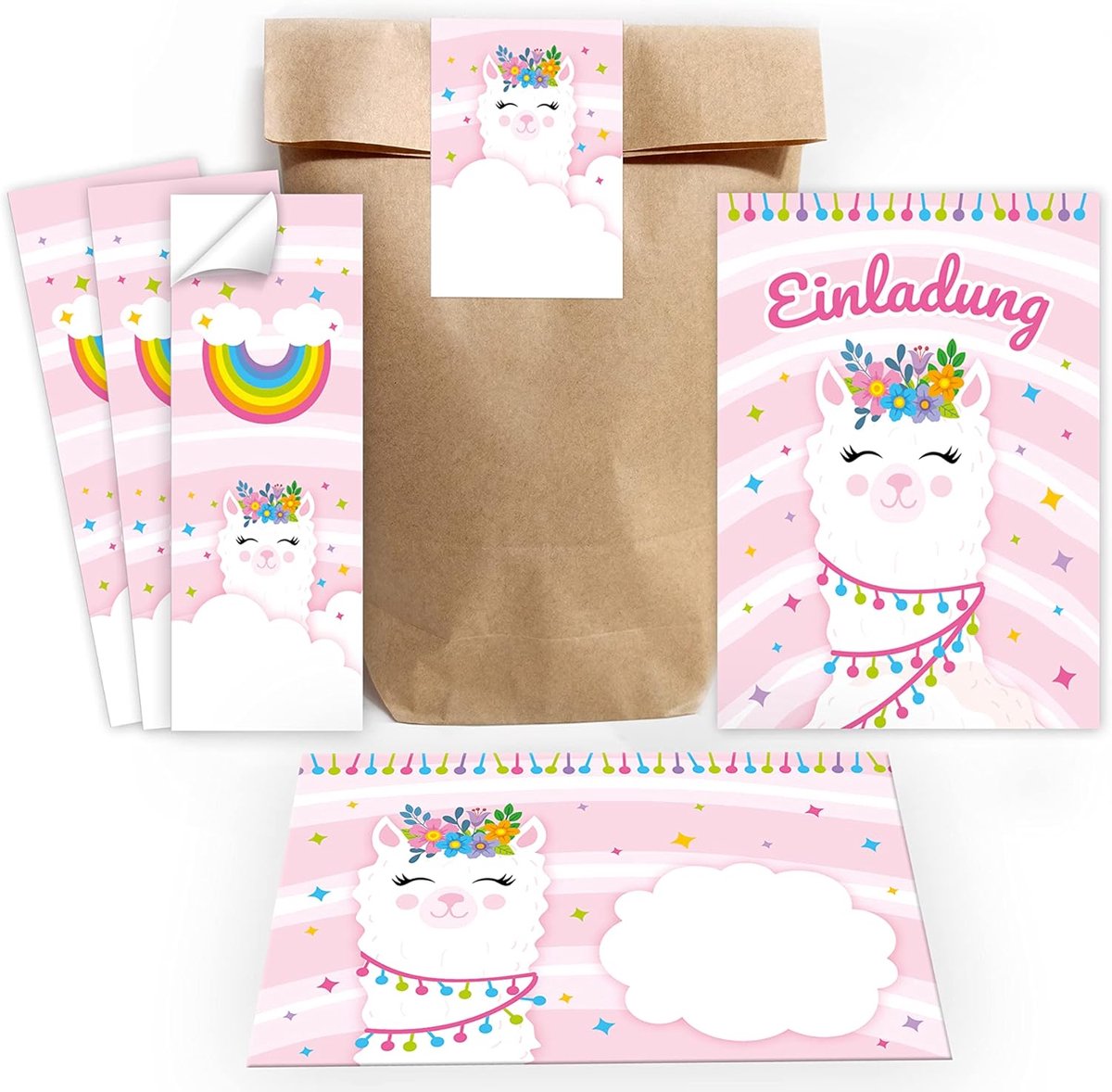 12 uitnodigingskaarten voor kinderverjaardag - Lama thema met bijpassende enveloppen en stickers
