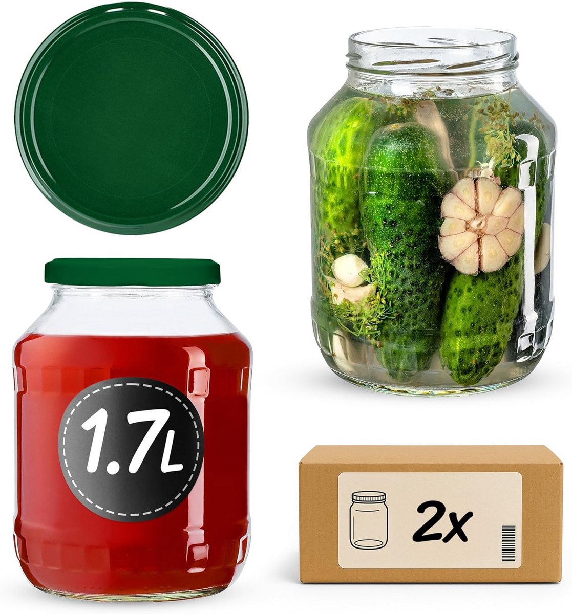 2x Fermenteerpotten 1.7L met Brede Opening voor Kimchi, Kombucha en Inleggen