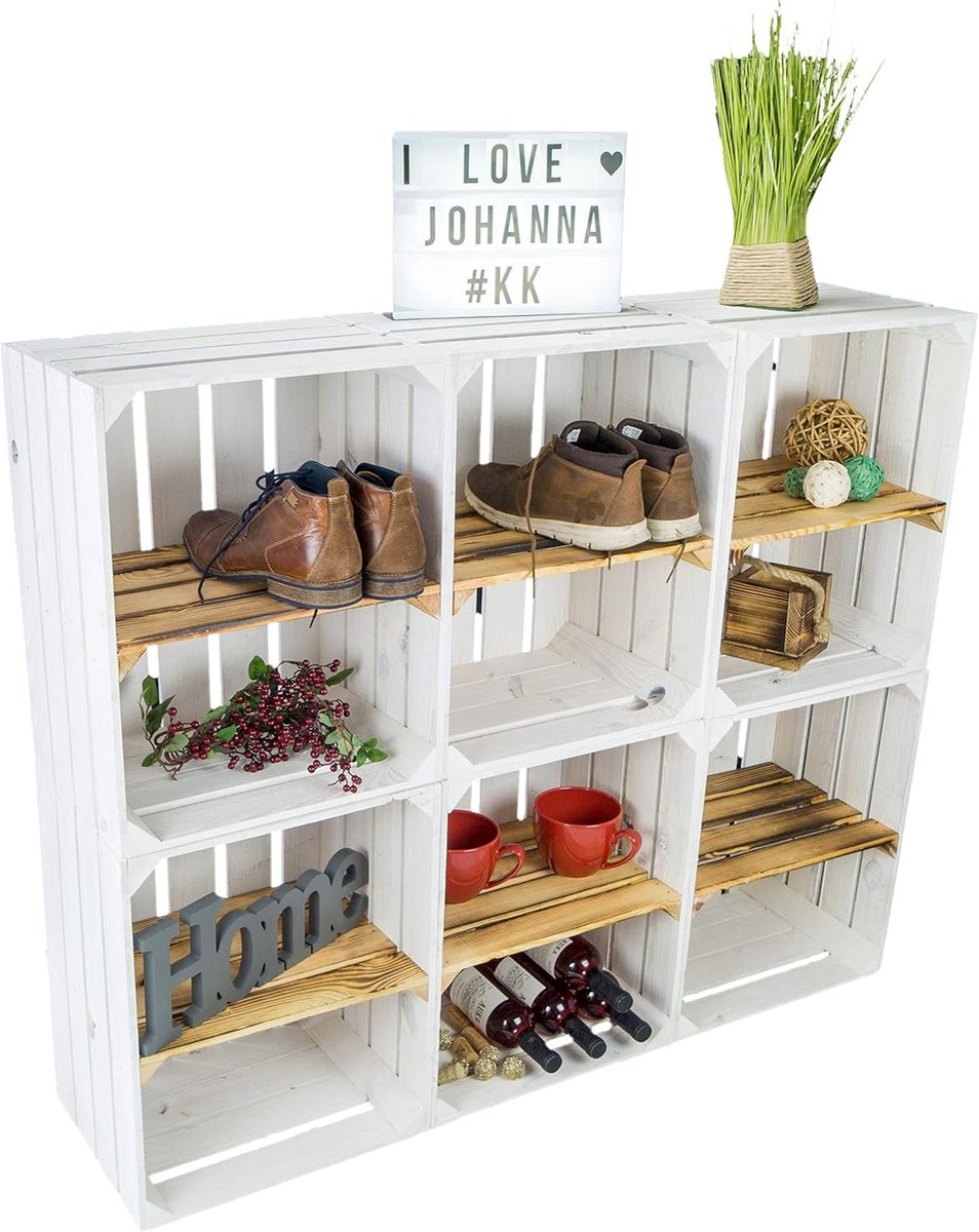Set van 6 Houten Wijnkratten Wit met Flanseer Detail - Opslag & Opbergrek
