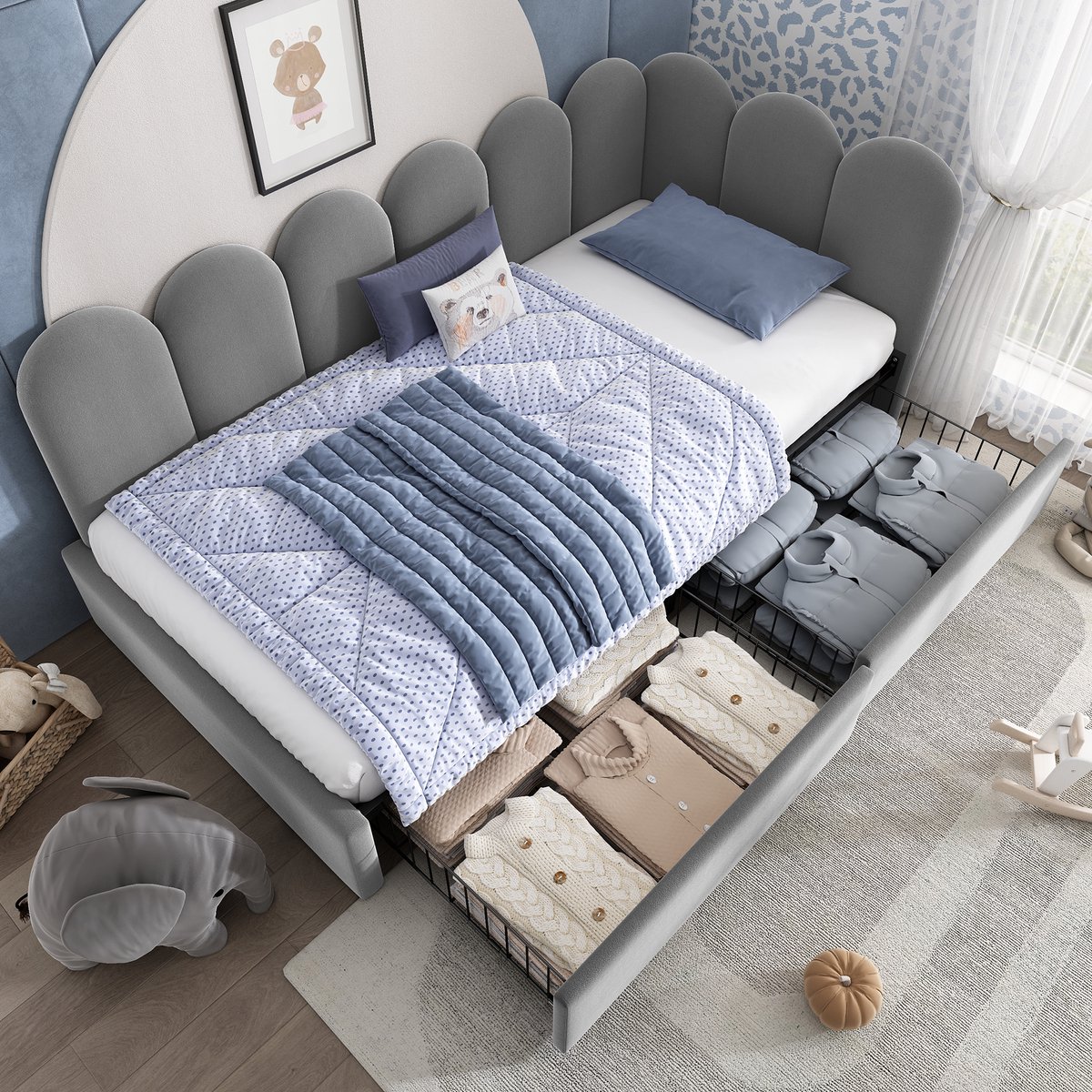 MIVRAY Gestoffeerd Bed 90x200 Cm - Eenpersoonsbed Met 2 Opberglades En L Vorm Hoekframe - Met Lattenbodem - Zonder Matras - Fluweel - Grijs