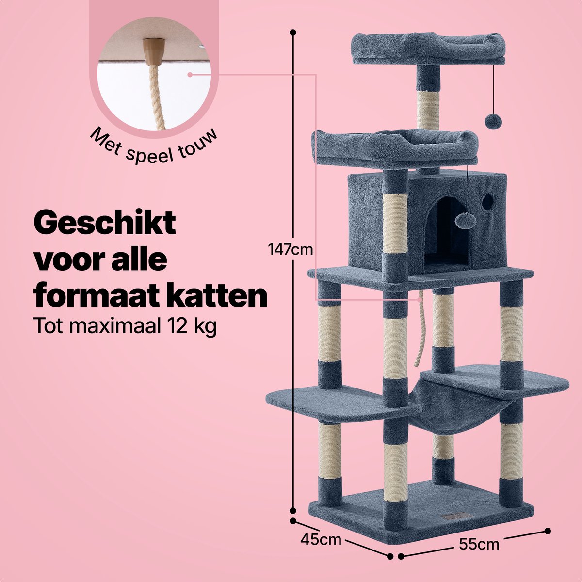 Jake and Jacky Krabpaal voor Katten - Kattenkrabpaal - Krabmeubel - Kattenboom - Krabpalen - Kattenhuis - Donkergrijs - 147 cm Hoog – foto 5