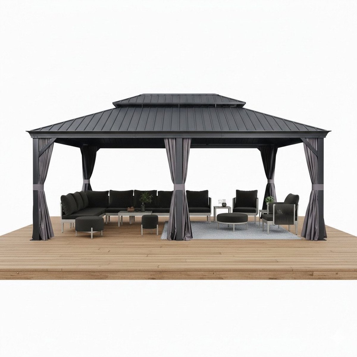 PURPLE LEAF Hardtop Aluminium Tuinpaviljoen – Dubbel dak – Hoogwaardige Gordijnen – Wind- en weerbestendig – Luxueus Grijs