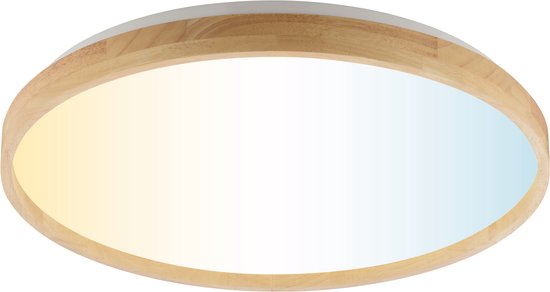 Ronde plafondlamp met een witte diffuser, houten rand, warm en koel licht.