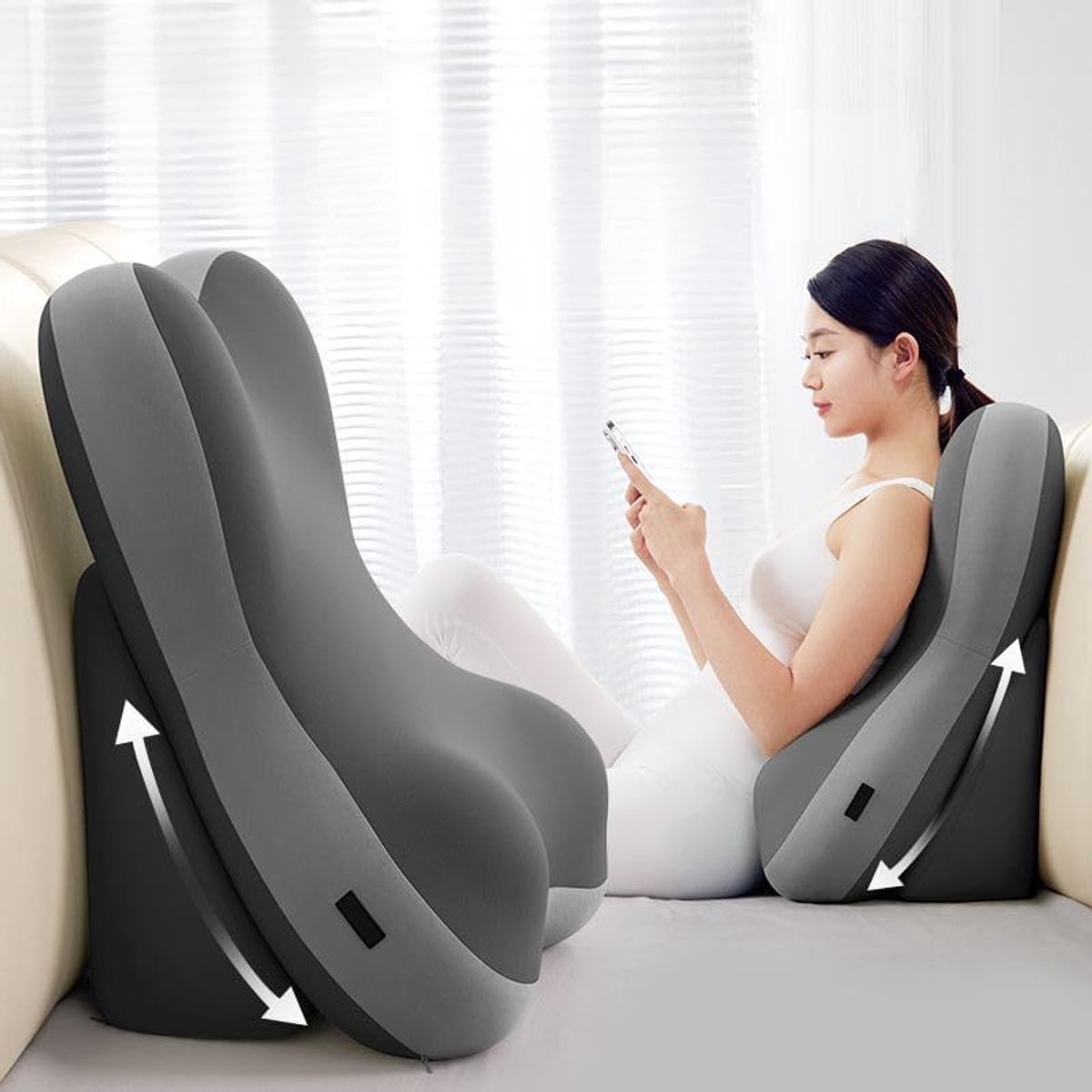 Lendenkussen - Ergonomisch kussen - voor verlichting van rugpijn bij volwassenen - 3-zone ondersteuningskussen - met kern van traagschuim - Afneembare en wasbare hoes - Leeskussen - Bureaustoel voor comfort bij ischias en stuitbeenpijn (lichtgrijs)
