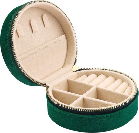 Mini reissieradendoosje, dames sieradendoosje voor op reis, klein sieradenopbergdoosje, geschikt voor ringen, oorbellen en kettingen, donkergroen.