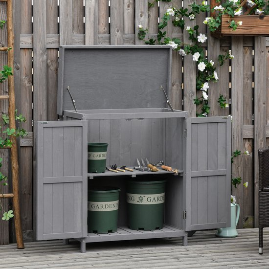 REDOM Tuinkast - Weerbestendig - Met Dubbele Deur - Met 2 Vakken - Hout - Grijs - 74 X 43 X 88 Cm