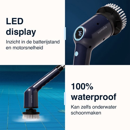 Samako schrobborstel met LED-display en steel bij een zwembad, tekst "LED display" en "100% waterdicht".