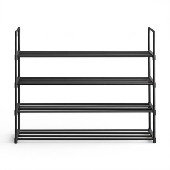 Zwart metalen schoenenrek met 4 etages, voor-aanzicht op witte achtergrond.