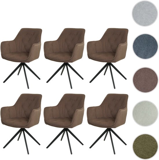 Set de 6 chaises de salle à manger MCW-L80, chaise de cuisine rembourrée avec accoudoirs, pivotante, métal tissu/textile ~ marron