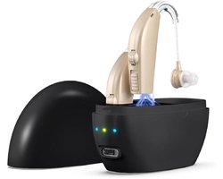 Oplaadbaar hoortoestel met ruisonderdrukking, volumeregeling en oplaadcase, geschikt voor ouderen en mensen met gehoorverlies.