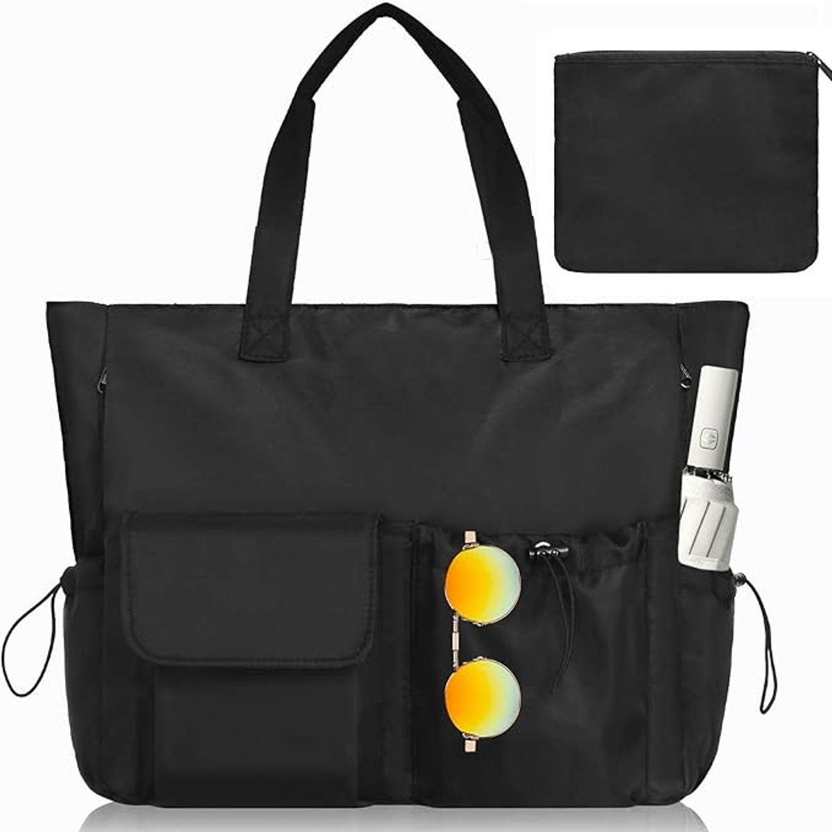 Ultiluxe® Schoudertas met klein tasje - Zwart - Strandtas voor het strand met ritssluiting - Damestas met binnenvakken en 15.6 inch laptopvak - 40 x 25 x 16 cm - Met bagageband voor reizen
