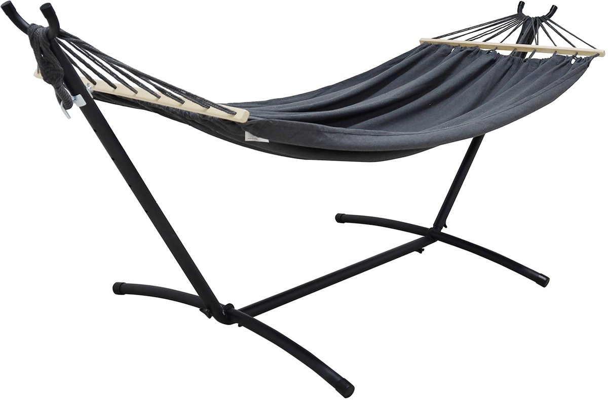 Alora Tuinhangmat - met Frame - Voor 2 Personen – Hangmat met Spreidstangen – 250 kg Draagvermogen – Inclusief Draagtas – Grijs
