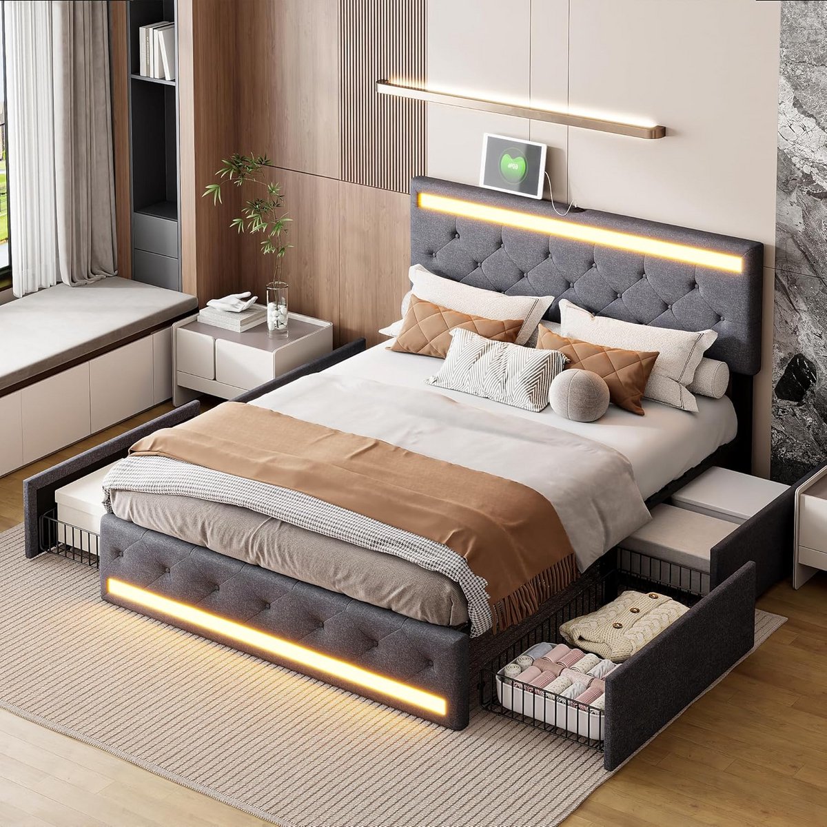 Tweepersoonsbed 160x200 cm Gestoffeerd met Opbergruimte en USB-poort