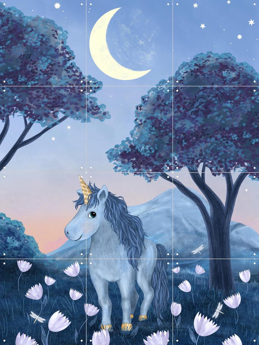 IXXI Moonlight Unicorn, EMELIEmaria & Various - 60 x 80 cm - Gratis ophangtool - Grote wanddecoratie en posters - Fantasierijk, Illustraties, Speels