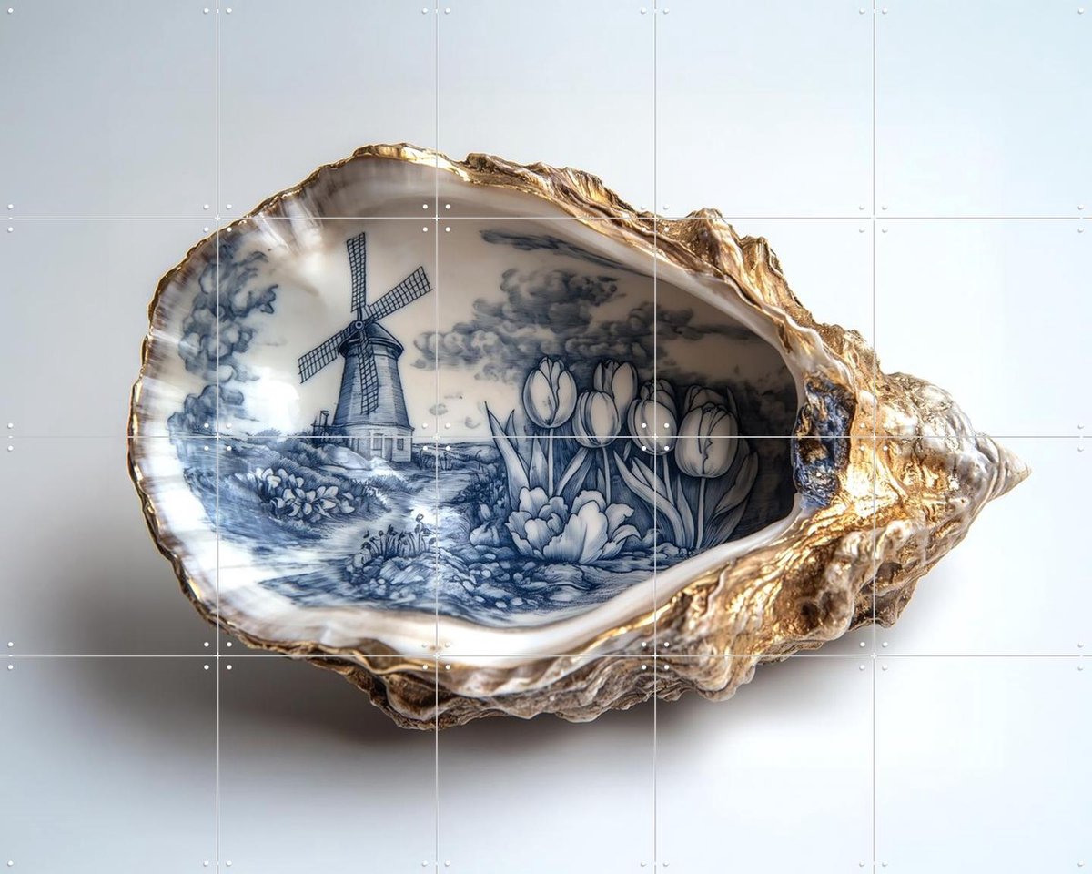 IXXI Delfts Blauwe Oester, Margriet Hulsker - 100 x 80 cm - Gratis ophangtool - Grote wanddecoratie en posters - Realisme, Klassiek, Keuken, Eetkamer