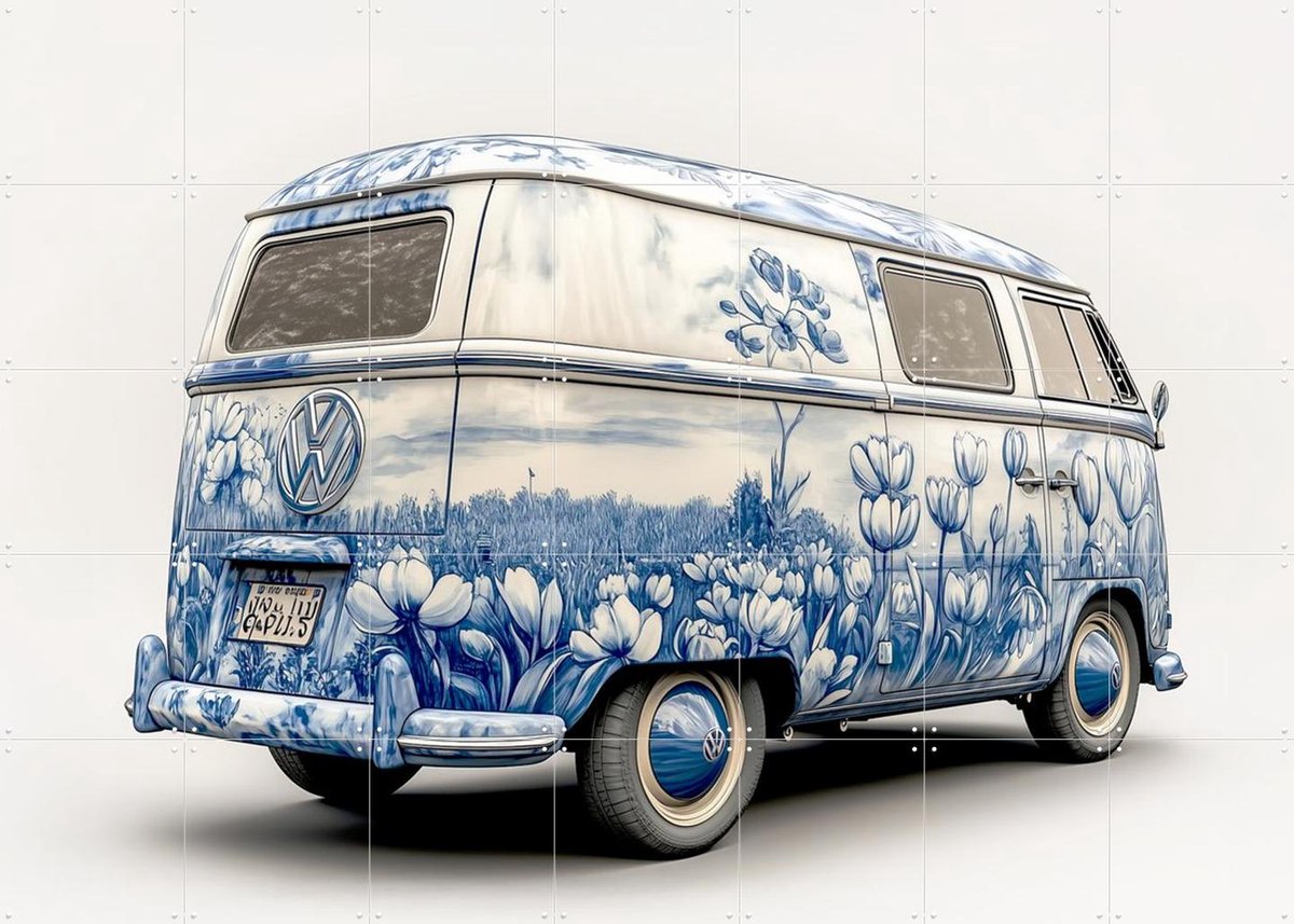 IXXI Delfts Blauwe VW Bus 4, Margriet Hulsker - 140 x 100 cm - Gratis ophangtool - Grote wanddecoratie en posters - Vintage, Illustraties, Woonkamer