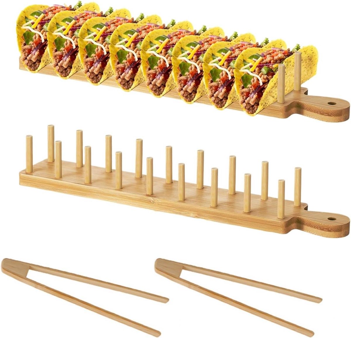 Houten taco houder voor 8 tortilla's - set van 2 met klemmen - hotdoghouder met handvat