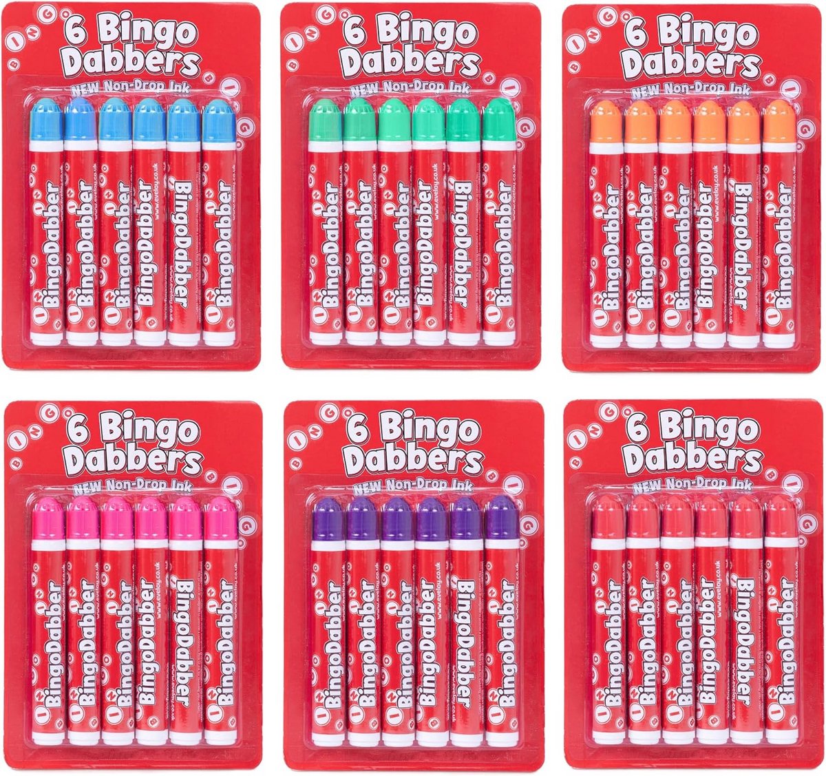 36 Bingo Stiften Set - 20 ml Slimline Markers - 6 Kleuren (Rood, Blauw, Groen, Oranje, Paars, Roze) - Druppelvrije Inkt
