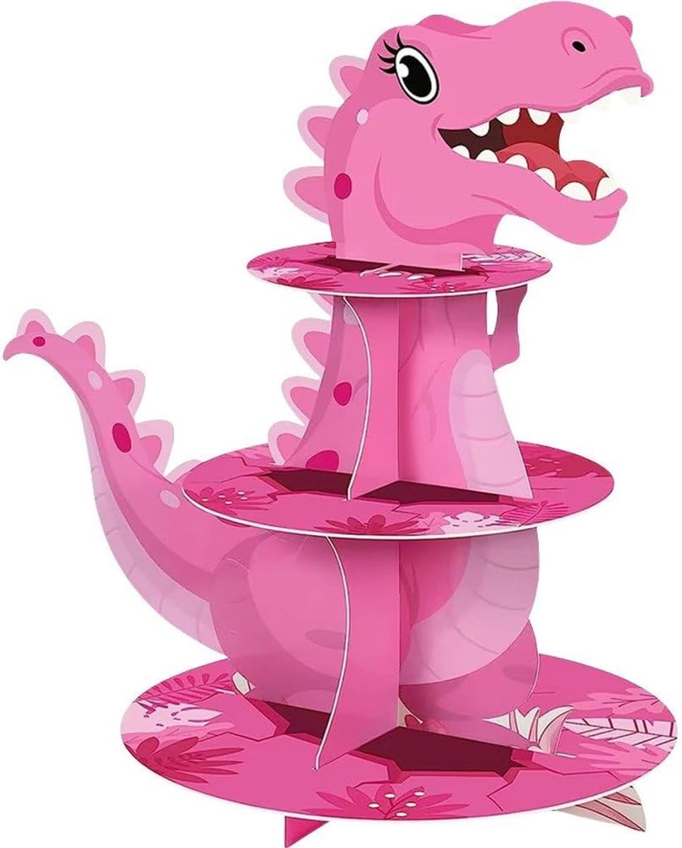 Cupcake Houder - Dessert Toren - Thee Party - Dino Cartoon Design - 30 x 33 cm - Groen Roze