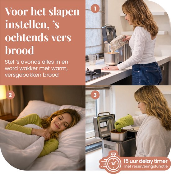 Een vrouw stelt de broodbakmachine in, slaapt en wordt wakker met vers brood. Met 15 uur timer.