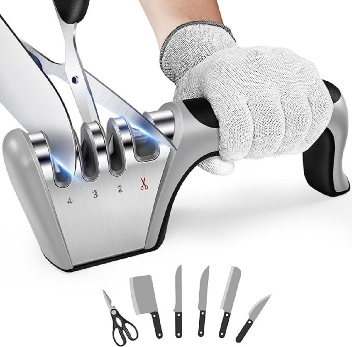 SVN® Professionele Messen Slijper - 4 in 1 - Met Anti-snij Handschoen - Voor Keuken- en Scharen - Zilver - 23cm x 8cm x 5cm