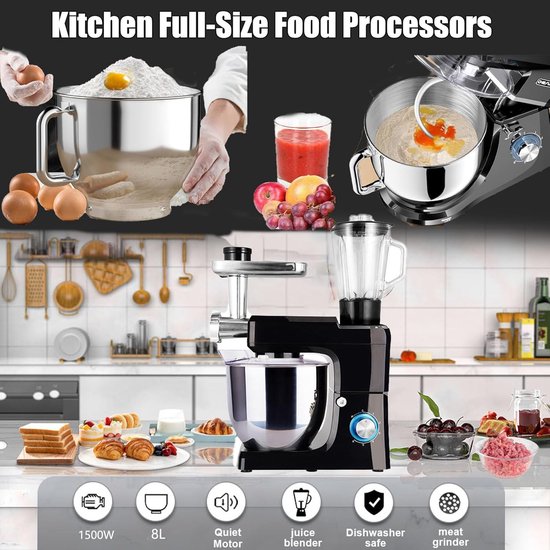 Keukenmachine Mixer - Keukenrobot Blender - Multifunctioneel Koken - Krachtige 1500 Watt Motor - 8 Liter Kom - Zwart — afbeelding 2