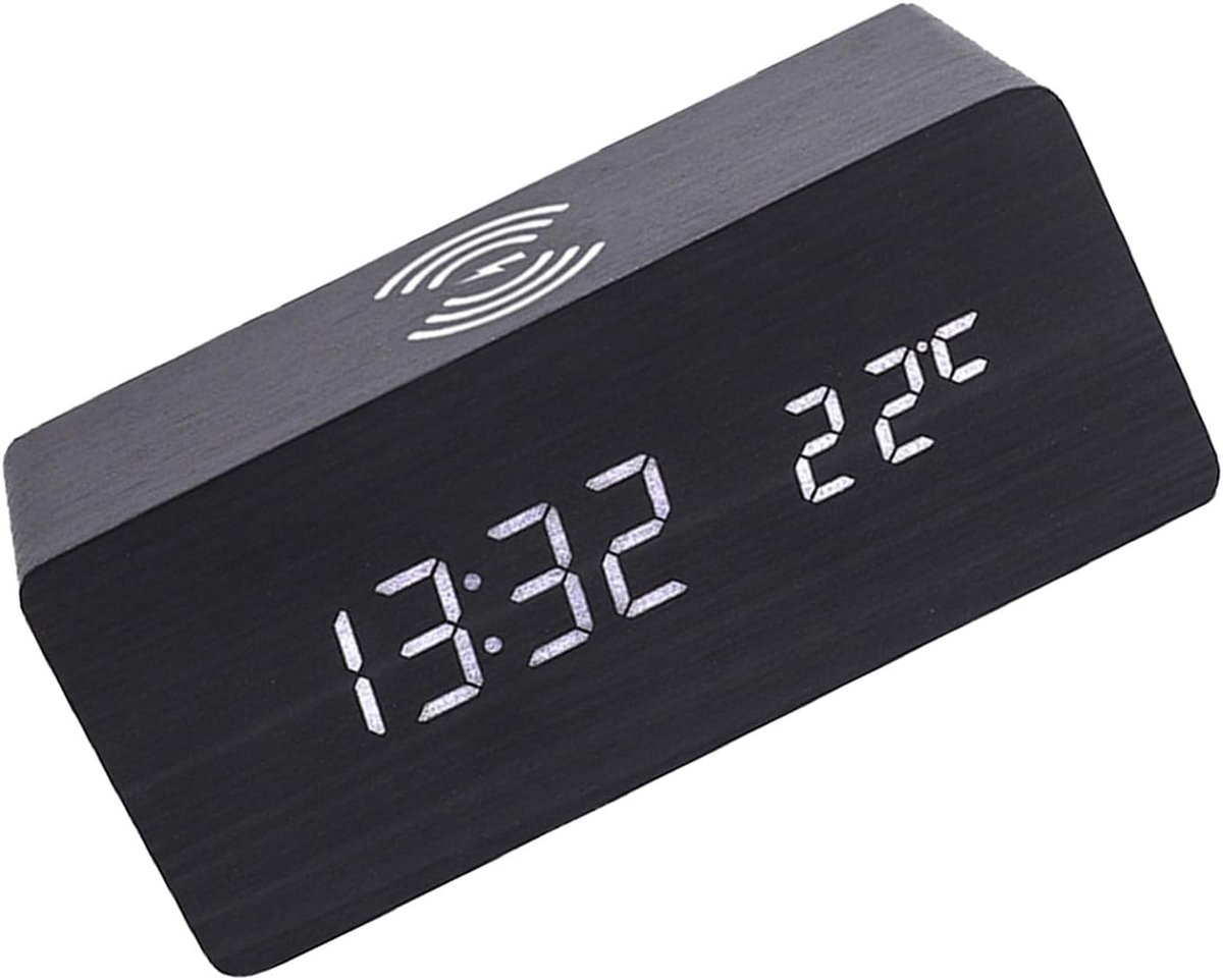 Digitale Houten Wekker - Tafelklok Alarm - Bureau Decoratie - Geïntegreerde Draadloze Oplader - 16.8 x 7.2 cm - Zwart