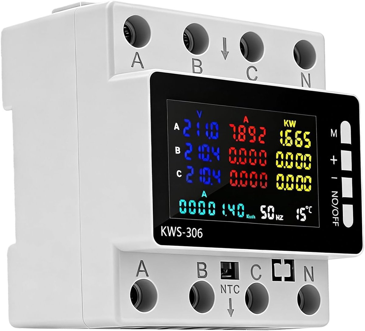 Driefasen Stroommeter - Digitale Energiemeter - Woning Kantoor Werkplaats - Temperatuur Bewaking - 80A DIN-rail