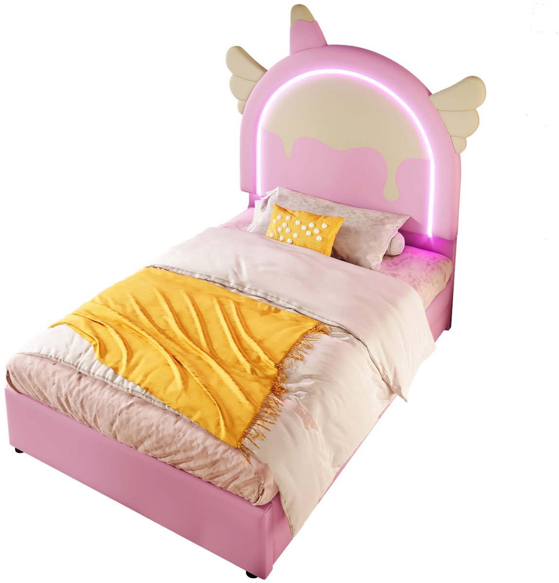 Merax Kinderbed 90x200 - Gestoffeerd Bed in Eenhoornvorm - Bed met Opbergruimte - LED Verlichting met Afstandsbediening - Kunstleer - Roze