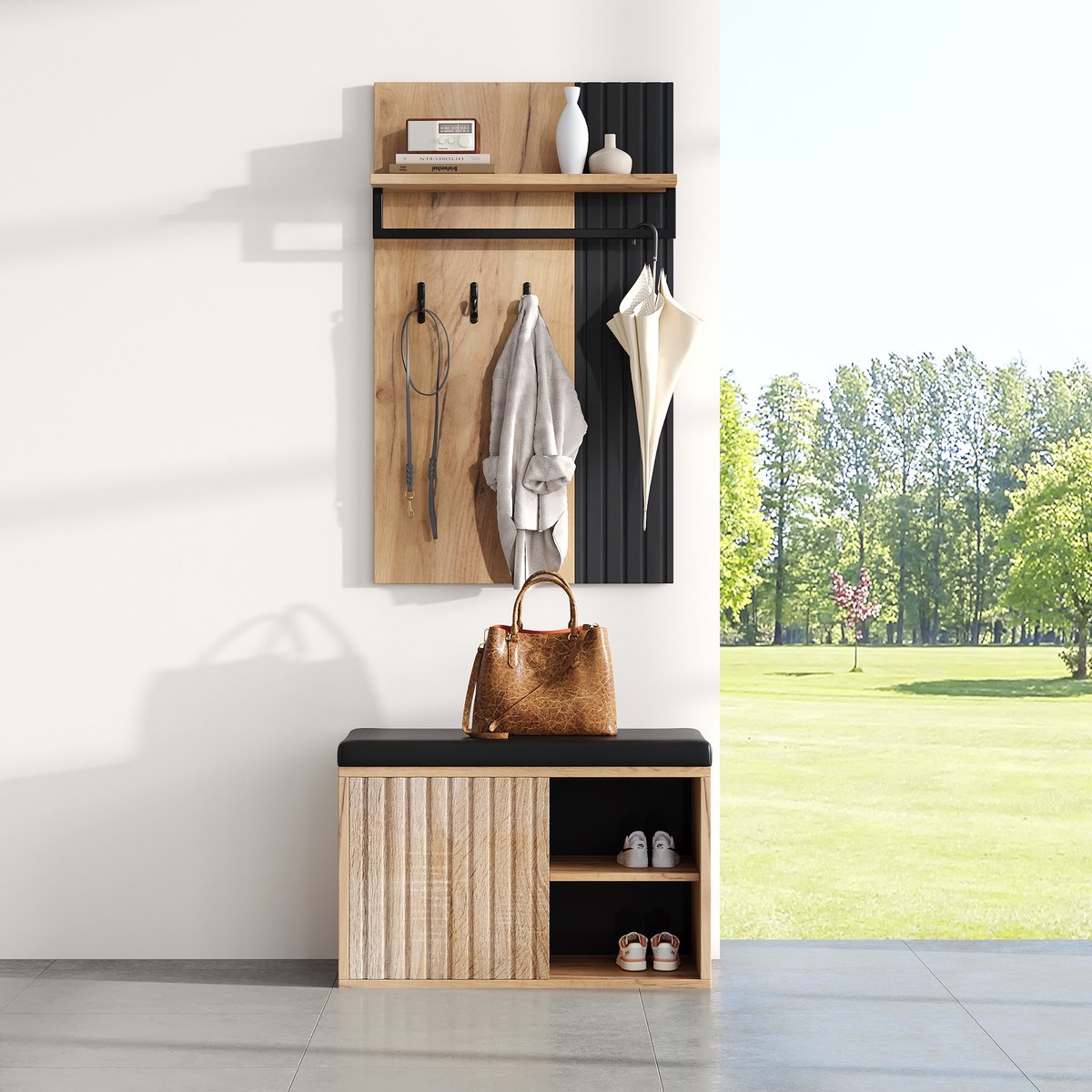 MODFU - Schoenenbank Met Garderobekast - 2 Deuren En 3 Haken - Tijdloos - Voor De Hal - Spaanplaat - Zwart En Naturel - 70 X 36 X 146 Cm