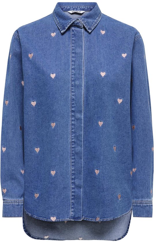 Blouse en jean à manches longues, col et imprimé cœur rose all-over.