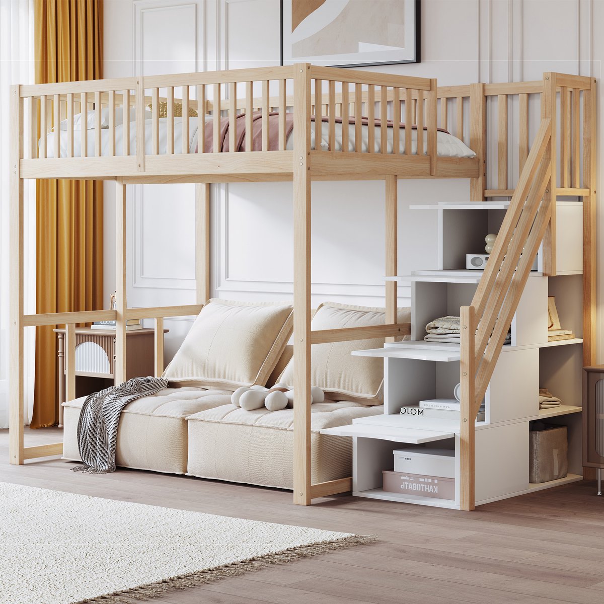 REDOM hoogslaper 140x200 cm – Grenenhout naturel – Opbergtrap – Veiligheidshek rondom – 15 latten – Vrije ruimte onder bed (140 cm) – 120 kg